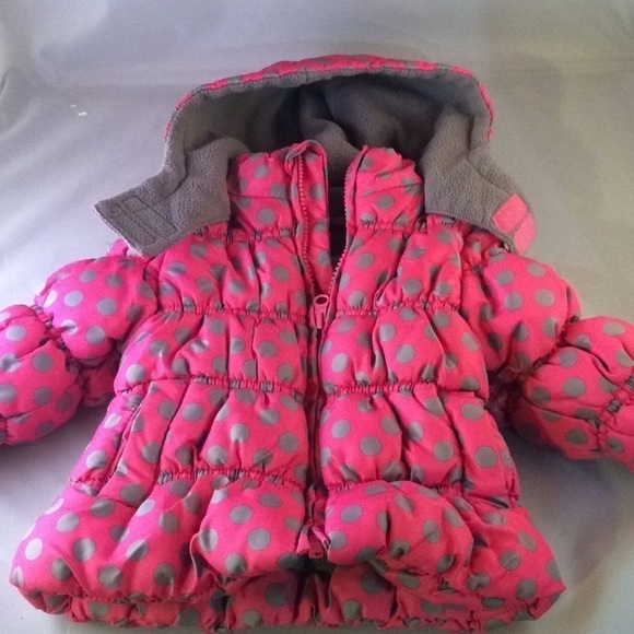 CARTER’S Puffy Polka Dot Coat 12mo Pink/Grey Final - Picture 1 of 8